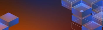 Illustrazione astratta con cubi tridimensionali blu semitrasparenti sovrapposti su uno sfondo sfumato che va dall’arancione al viola